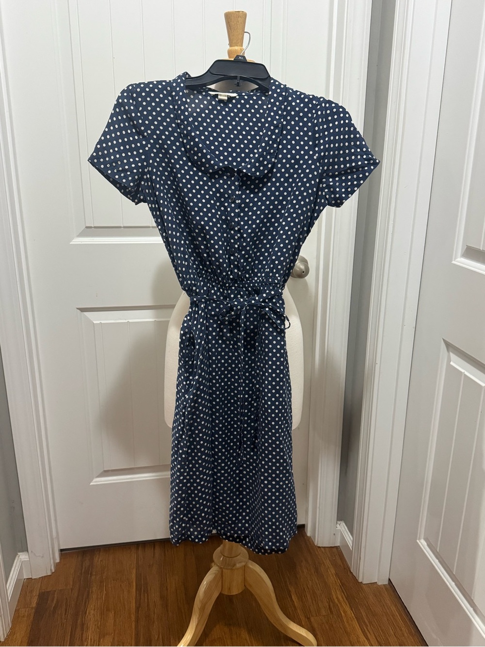 Lands' End Navy and White Polka Dot Tie-Waist Dress